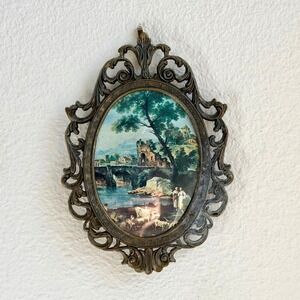 Vintage Italian Brass Oval Frame Pastoral Landscape Art Made Italy